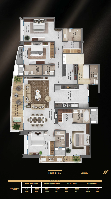 4 BHK Unit Plan — With Servant Room