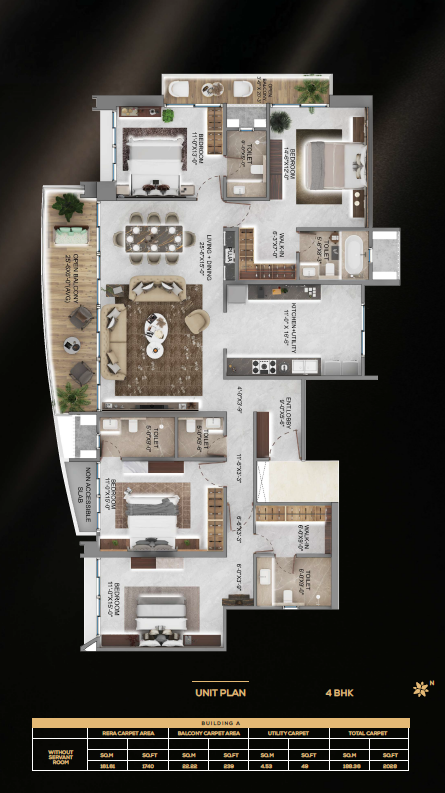 4 BHK Unit Plan — Without Servant Room